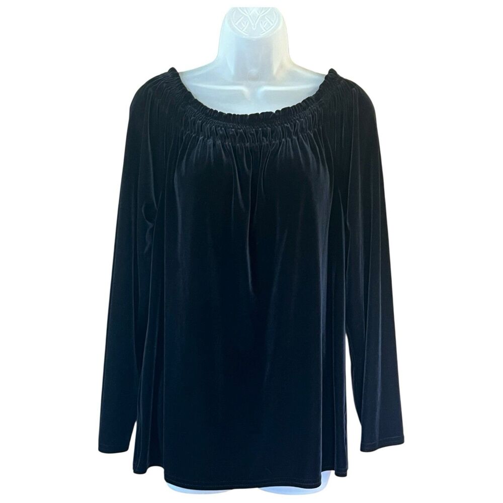 Vtg 90s Y2K Black Velvet Smocked Neck Top Long Sleeve Sz M